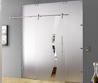 Opaque sliding glass door with 2 side panels and top panel