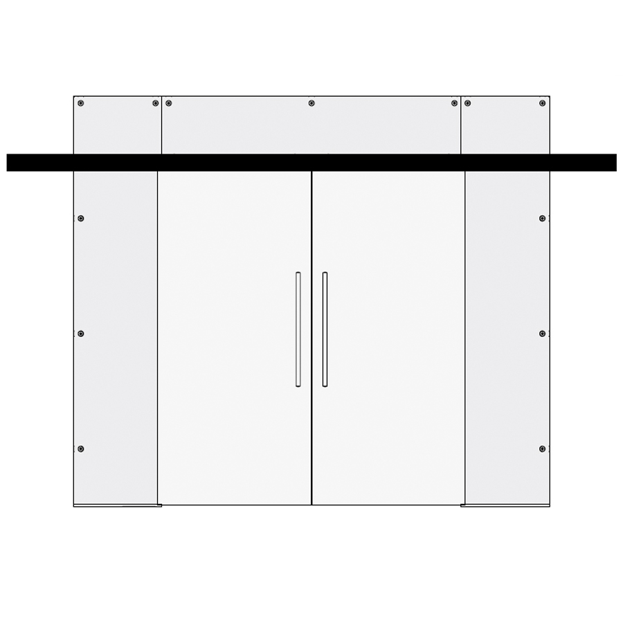 Glass double sliding doors with glass sides and top panels