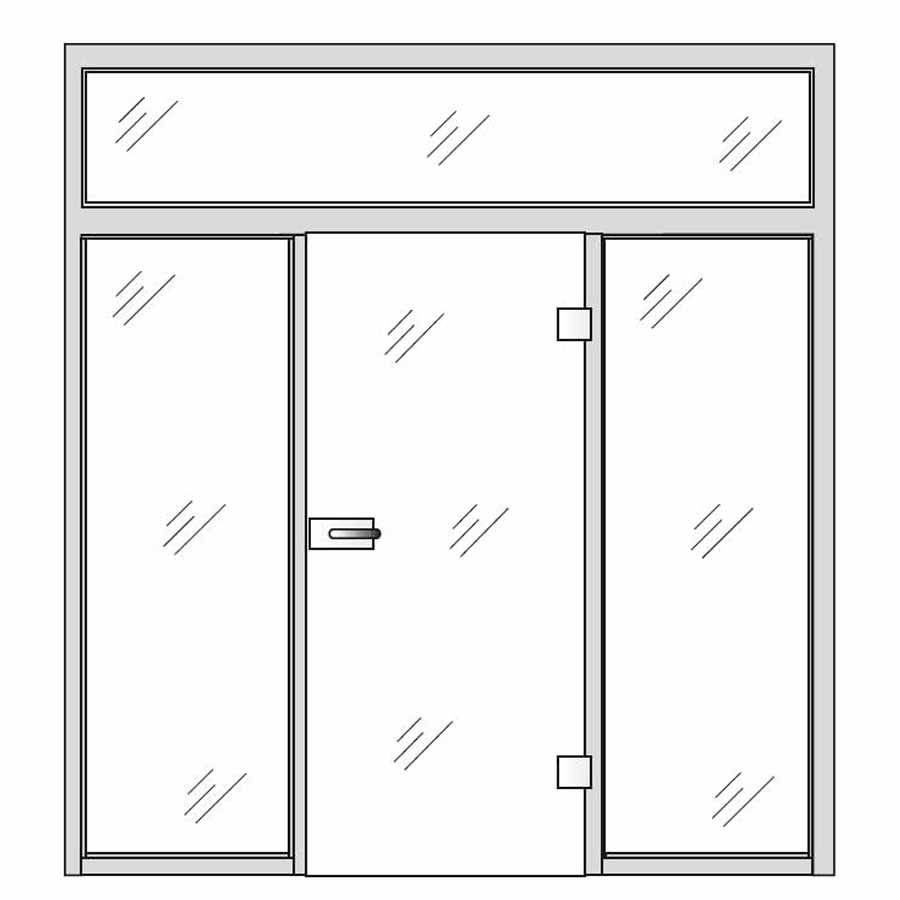 Single glass door with sides and top glass panels