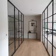 black metal glass door